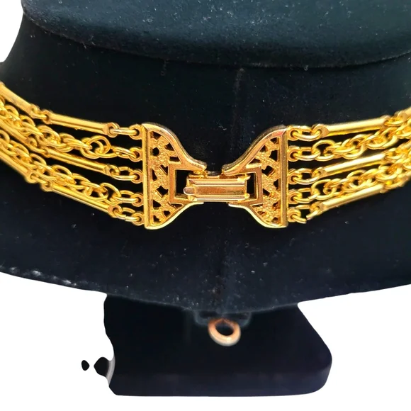 Vintage Alternating Bar and Chain Link Multi Strand Graduated Gold Tone Necklace